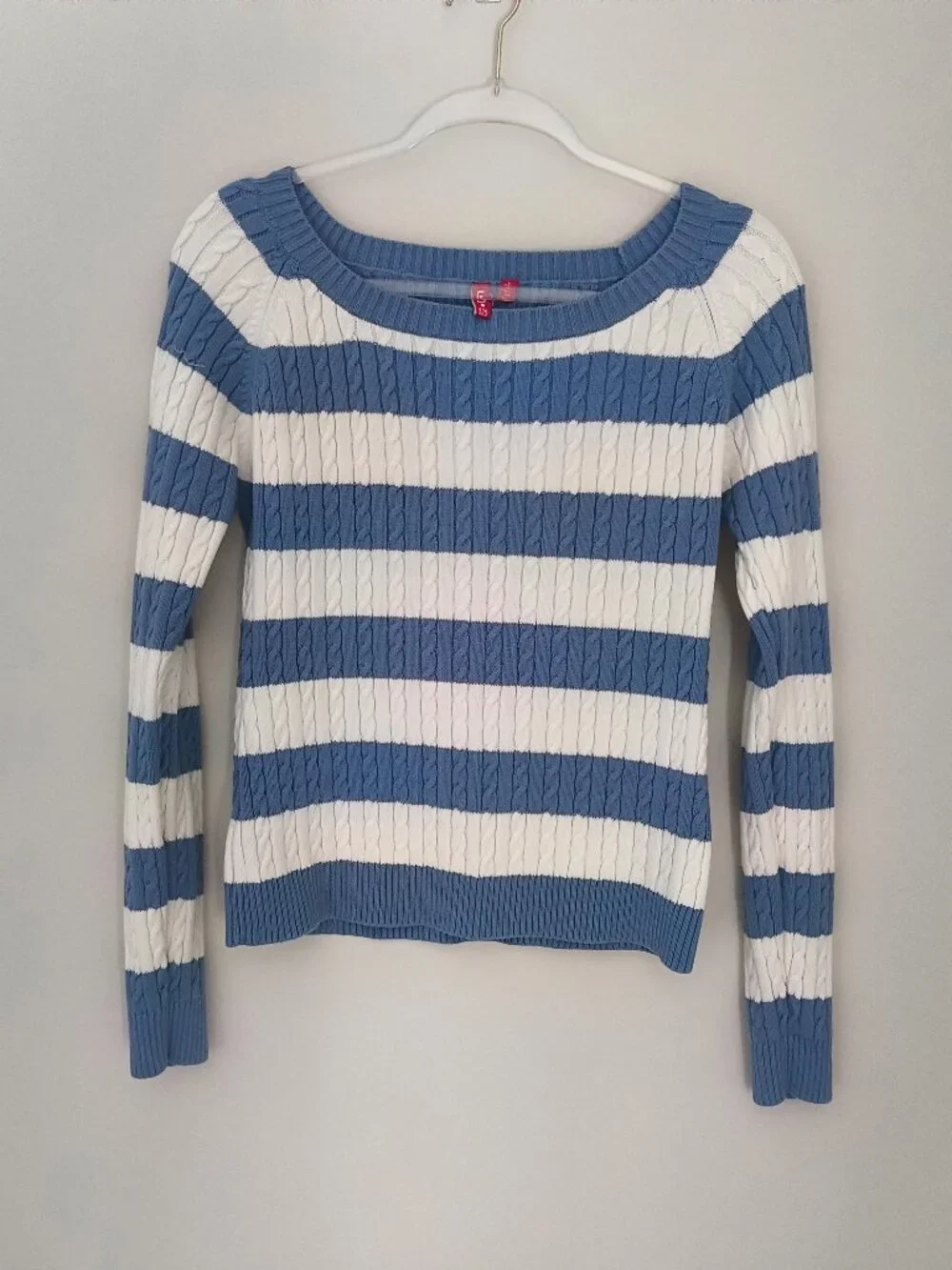 525 America Blue-and-white striped scoop-neck cable-knit sweater size L